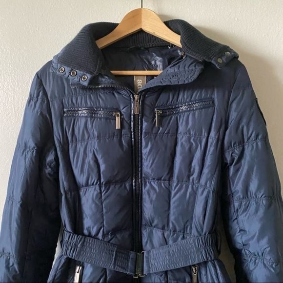 ADD DOWN Size 4 Navy Blue Puffer Belted Coat Detachable Snap Button Hood - Picture 3 of 16